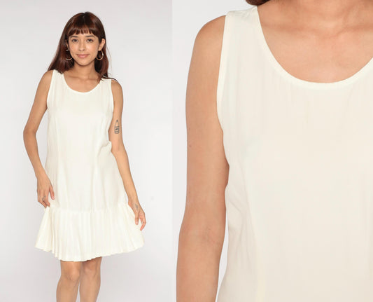 90s Ivory Sleeveless A-Line Dress Pleated Hem Drop Waist Scoop Neck Large