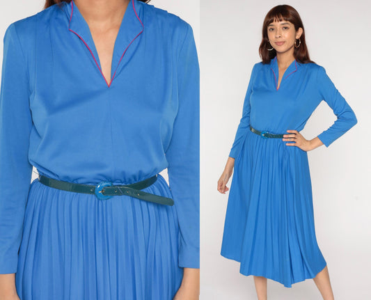 70s Royal Blue Midi Dress Red Piping Notch Collar Pleated Skirt Belt Medium Large