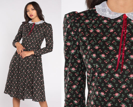 70s Floral Prairie Dress Rose Print Black Lace Collar Midi Medium M