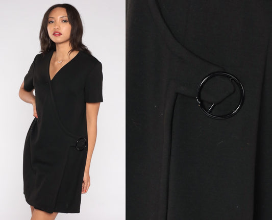 60s Black Wool Mini Shift Dress Short Sleeve Wrap Front Mod Extra Large XL