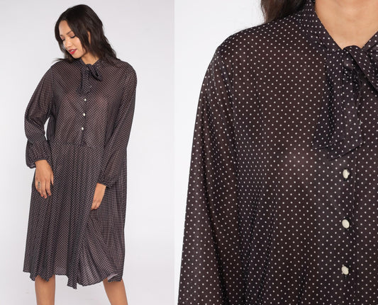 70s Brown Polka Dot Midi Dress Pussy Bow Neckline Button Front Pleated Extra Large