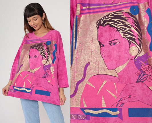 00s Artistic Portrait Graphic Tee Hot Pink Gold Metallic 3/4 Sleeve Medium Large