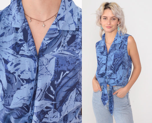 Y2K Blue Silk Crop Top Tropical Leaf Print Tie Front Collared Blouse Medium M