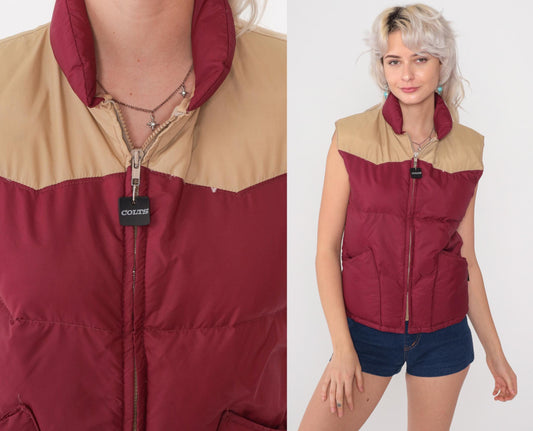 80s Pacific Trail Down Puffer Vest Burgundy Tan Yoke Zip Small