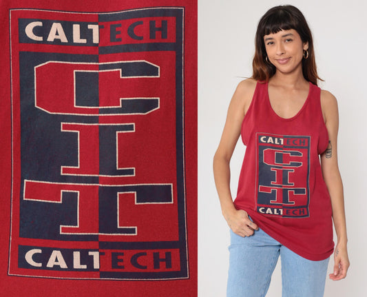 90s Caltech University Tank Top Red Cotton Graphic Racerback Large L