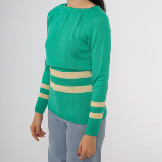 80s Penrose Emerald Green Striped Boat Neck Sweater Cream Small
