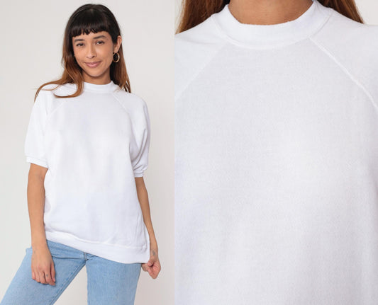 80s White Short Sleeve Sweatshirt Raglan Crewneck Large L