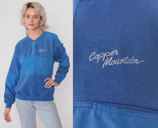 80s Copper Mountain Ski Henley Sweatshirt Blue Color Block Large L