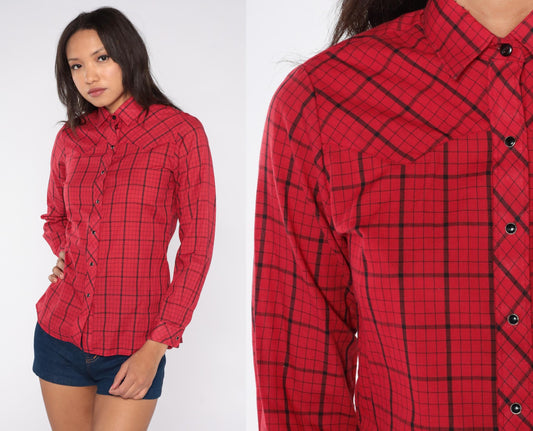 80s Cameo Rose Red Black Plaid Pearl Snap Western Shirt Small