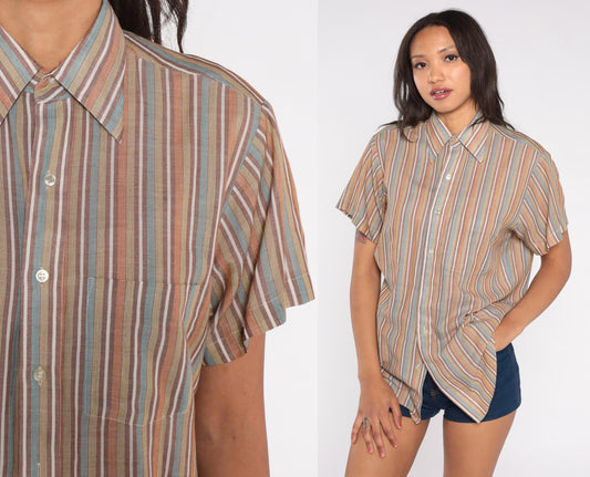 80s Exclusive Multicolor Striped Button-Down Shirt Tan Blue Peach Medium