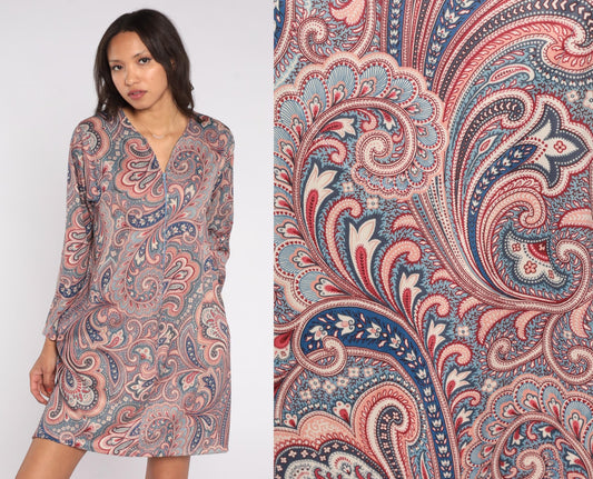 80s Paisley Mini Dress Blue Pink V-Neck Long Sleeve Zip Shift Large L