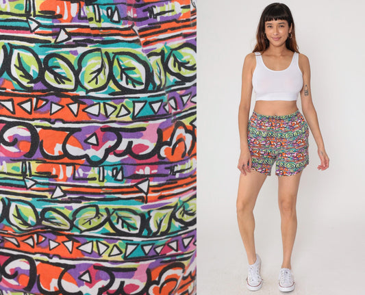 90s Victoria Harbor Cotton Shorts High Rise Abstract Geometric Print Medium