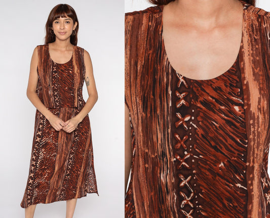 90s Rabbit Designs Batik Midi Dress Brown Tribal Print Rayon Medium
