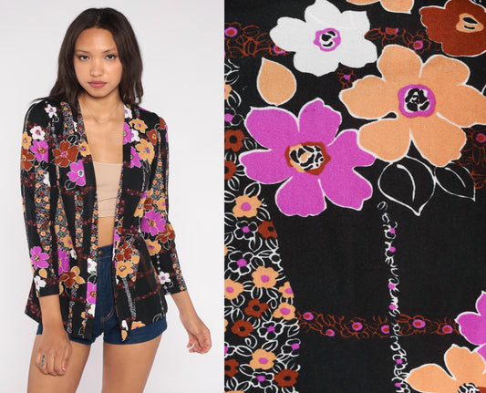 70s Floral Blazer Black Pink Orange Brown Flowers Open Front Small