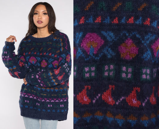 90s Ganesh Himal Hand Knit Wool Sweater Navy Fair Isle Geometric Pullover Extra Large