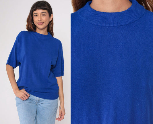 90s Royal Blue Crew Neck Short Sleeve Knit Sweater Large L