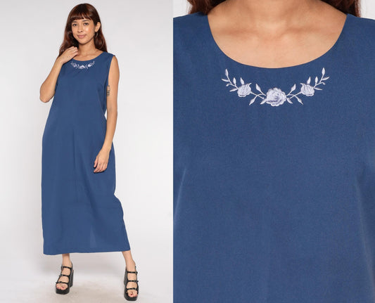 90s BFA Classics Navy Maxi Dress Embroidered Floral Neckline Sleeveless Extra Large XL