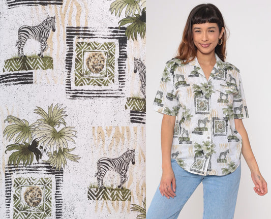 90s Safari Animal Print Button Down Shirt Zebra Lion Palm White Small