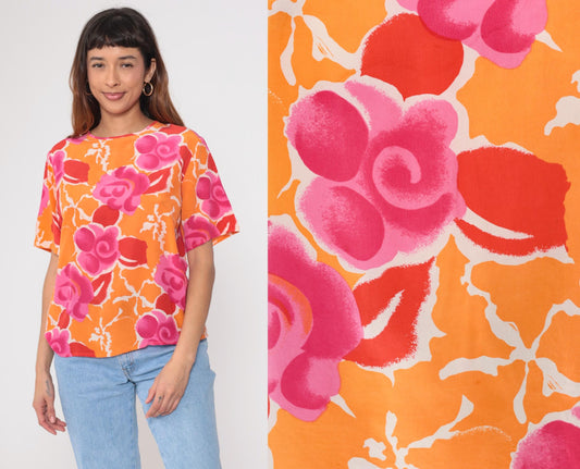 Y2K Christie and Jill Silk Blouse Floral Orange Pink Short Sleeve Medium M