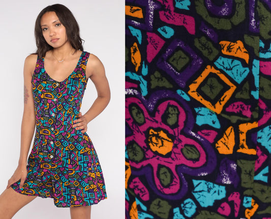 90s Gabriella Abstract Geometric Romper Black Multicolor Rayon Medium M