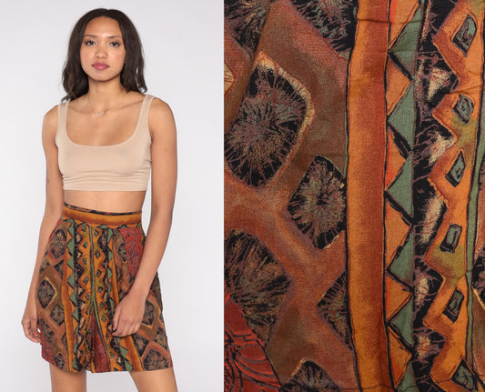 90s Caliche Abstract Geometric Shorts High Waist Brown Orange Green Medium Large