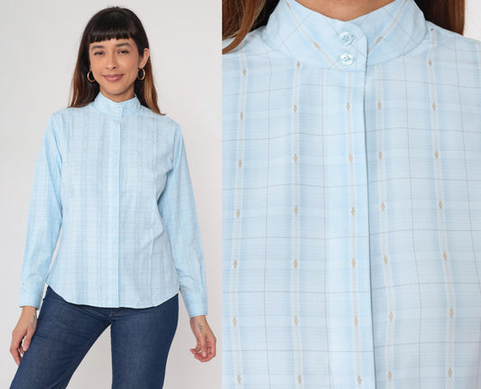 80s Royal Highness Powder Blue Mandarin Collar Blouse Windowpane Check Large