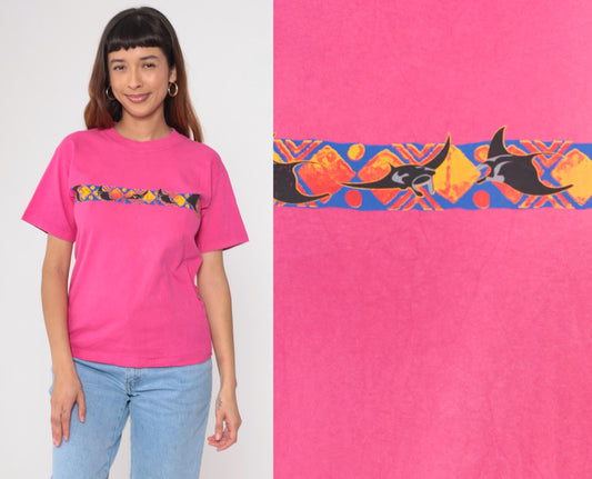 90s Gildan Manta Ray Graphic T-Shirt Hot Pink Cotton Tee Small S