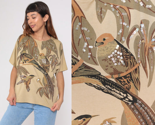 90s Tan Sequined Bird Print Boxy Tee Tropical Foliage Beaded Short Sleeve Large L