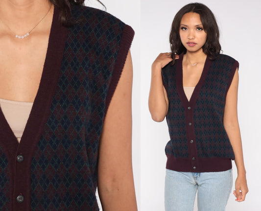 90s The Italian Sweater Co. Argyle Vest Burgundy Navy Green Wool Large L