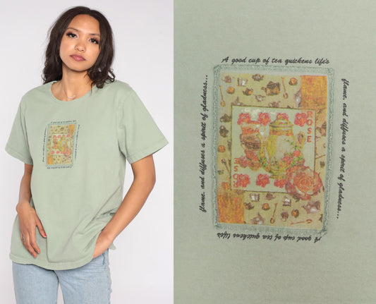 Y2K Sage Green Teapot Rose Graphic Tee Cotton Quote Print Small S