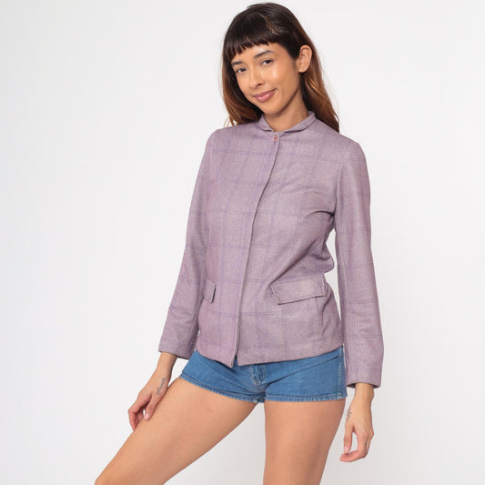 80s Wilroy Traveler Lilac Herringbone Blazer Mandarin Collar Wool Blend XS