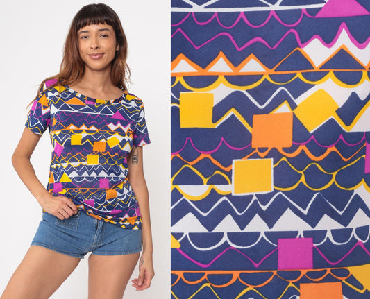 80s Speedo Geometric Top Navy Blue Pink Yellow Abstract Scoop Neck Small