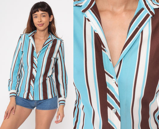 70s Striped Button-Up Blouse Turquoise Brown White Vertical Polyester Small