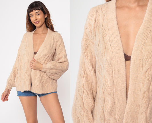 80s Cable Knit Cardigan Cream Wool Fisherman Chunky Knit Small