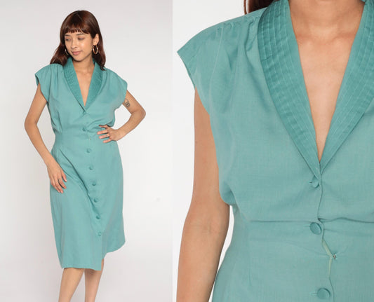 70s Turquoise Blazer Dress Quilted Collar Cap Sleeve Midi Tie Waist Large