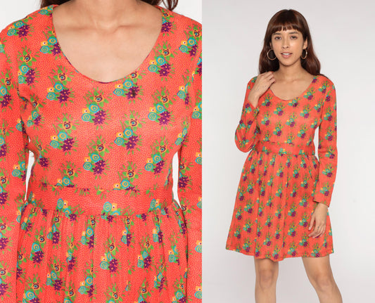 70s Avalon Classics Floral Mini Dress Coral Orange Empire Waist Long Sleeve Medium