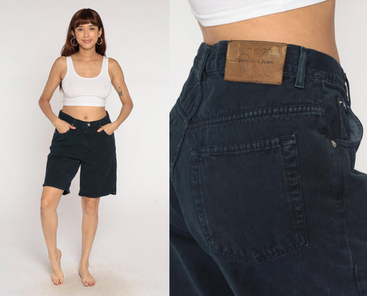 90s Calvin Klein Black Denim Bermuda Shorts High Waisted Button Fly Medium