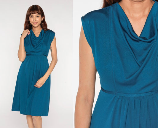 70s Teal Cowl Neck Midi Dress Empire Waist A-line Sleeveless Small