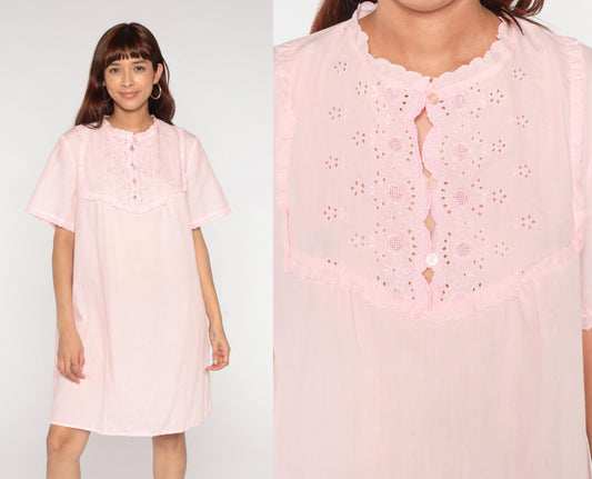 80s Miss Broadway Pink Eyelet Lace Nightgown Button Front Short Sleeve Large
