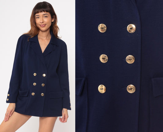 70s Marchesa di Grasy Navy Wool Blazer Double Breasted Gold Buttons Medium M