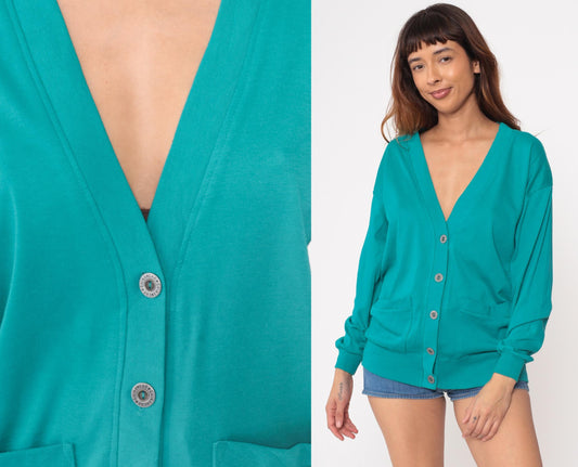 90s Teal Deep V-Neck Cardigan Cotton Blend Silver Buttons Pockets Small