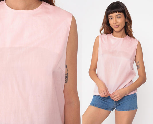 60s Pale Pink Sleeveless Shell Top Split Back Round Neck Small