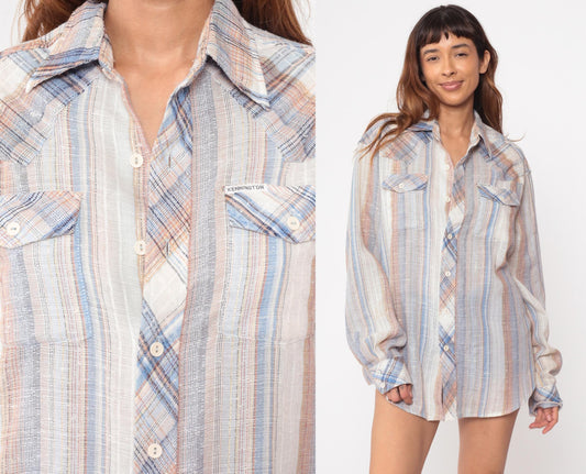 70s Kennington Western Shirt Pearl Snap Plaid Blue Peach Cotton Extra Large XL