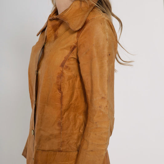 70s Tan Leather Jacket Button Front Pointed Collar Distressed XS