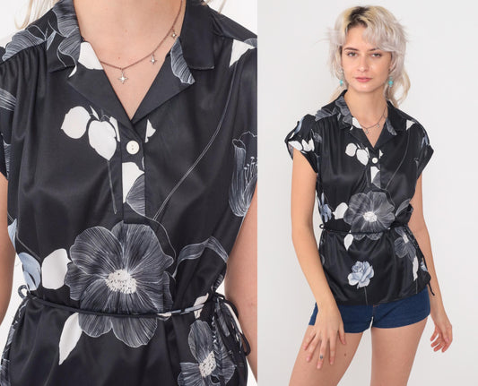 80s Black Floral Satin Blouse V-Neck Tie Waist Button Down Medium
