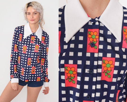 70s Navy Gingham Daisy Print Button-Down Blouse White Collar Small S