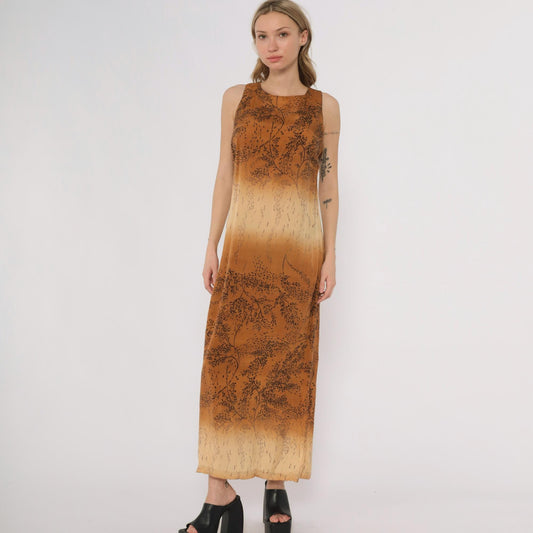 90s Karin Stevens Ombre Maxi Dress Brown Tan Botanical Sleeveless Medium M