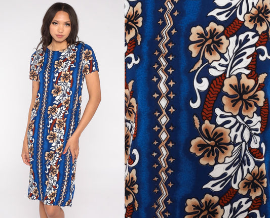 90s Blue Hawaiian Midi Dress Hibiscus Floral Stripe Rayon Small