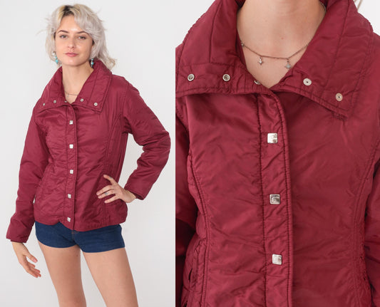 80s Sportscaster Burgundy Nylon Puffer Jacket Snap Front Small