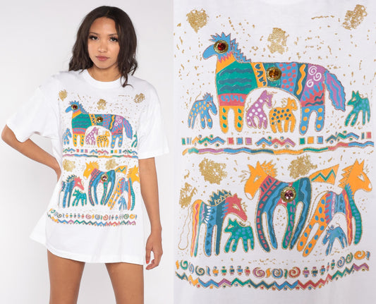 90s Fruit of the Loom Southwestern Horse Graphic T-Shirt Gold Glitter Jeweled Extra Large XL
